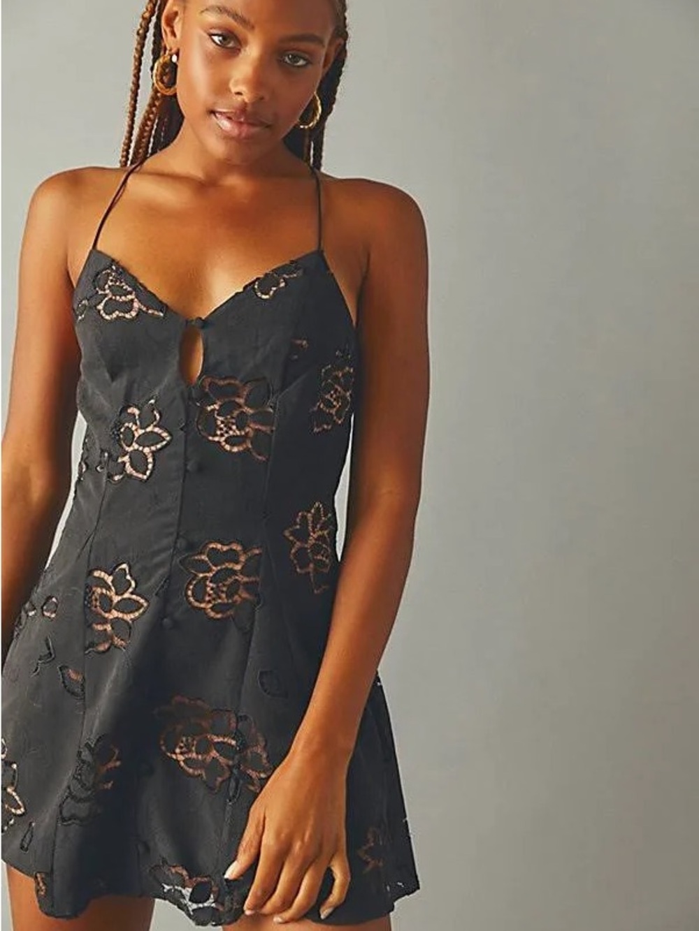 Black Floral Eyelet Mini Dress - Picture 1 of 5